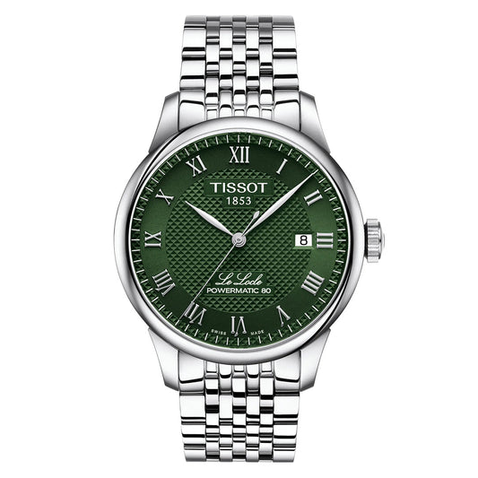 The Tissot Le Locle Powermatic 80 Automatic 39.3mm Watch features a green textured dial with Roman numerals, a date window at 3 o’clock, and a stainless steel bracelet—showcasing Tissot’s Swiss heritage and elegance.