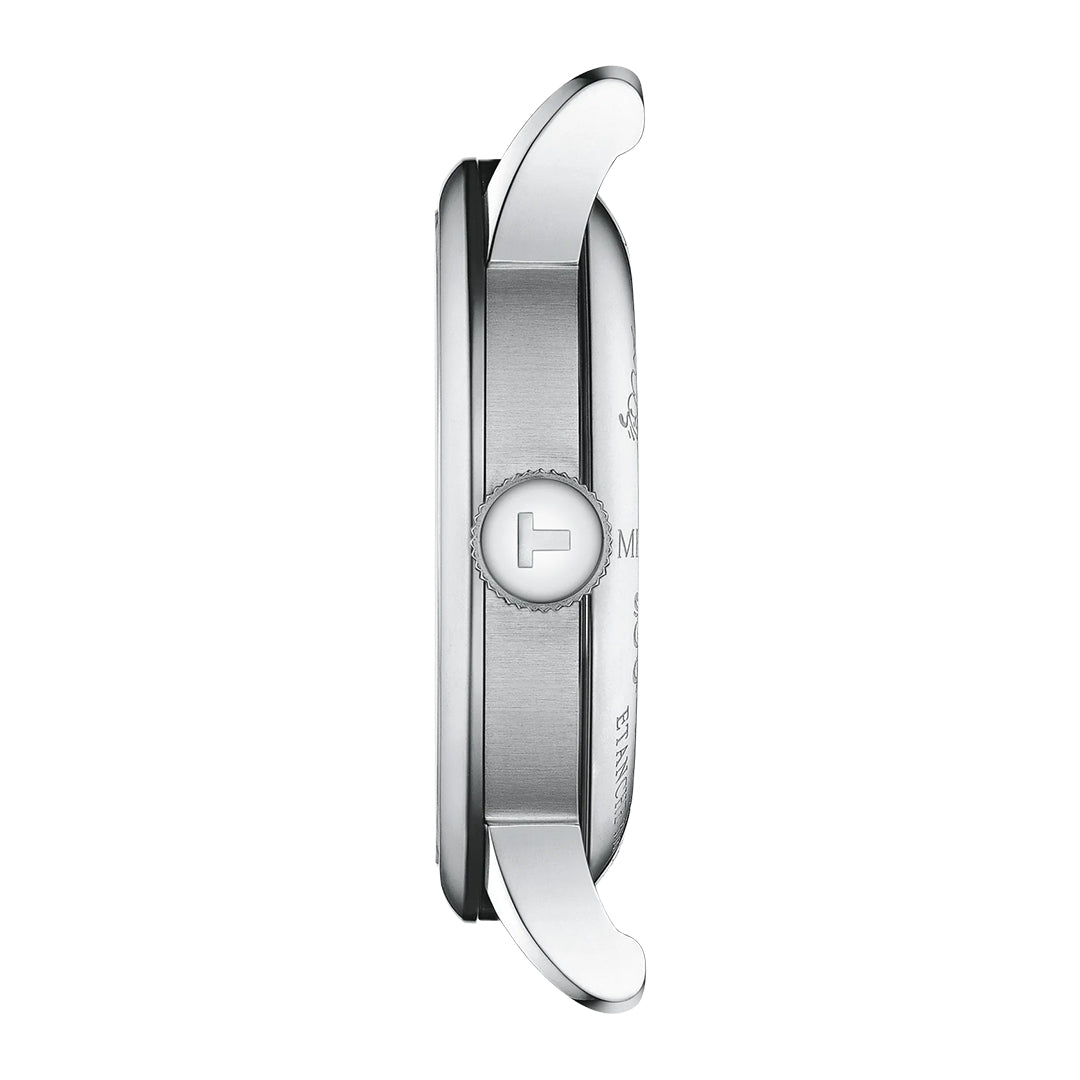 Side view of the Tissot Le Locle Powermatic 80 Automatic 39.3mm Watch case in silver, featuring a crown with the "T" emblem, brushed metal finish, and curved lugs that reflect Tissot’s Swiss heritage.
