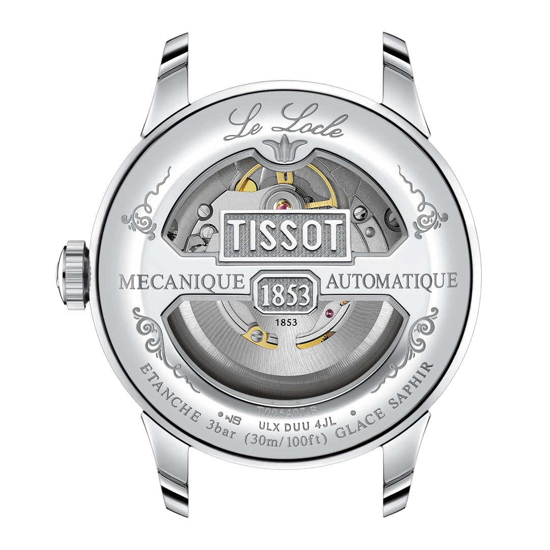 The Tissot Le Locle Powermatic 80 Automatic 39.3mm Watch features a transparent sapphire caseback displaying its mechanical movement, engraved with "Le Locle," "Tissot 1853," "Mecanique Automatique," and technical details.