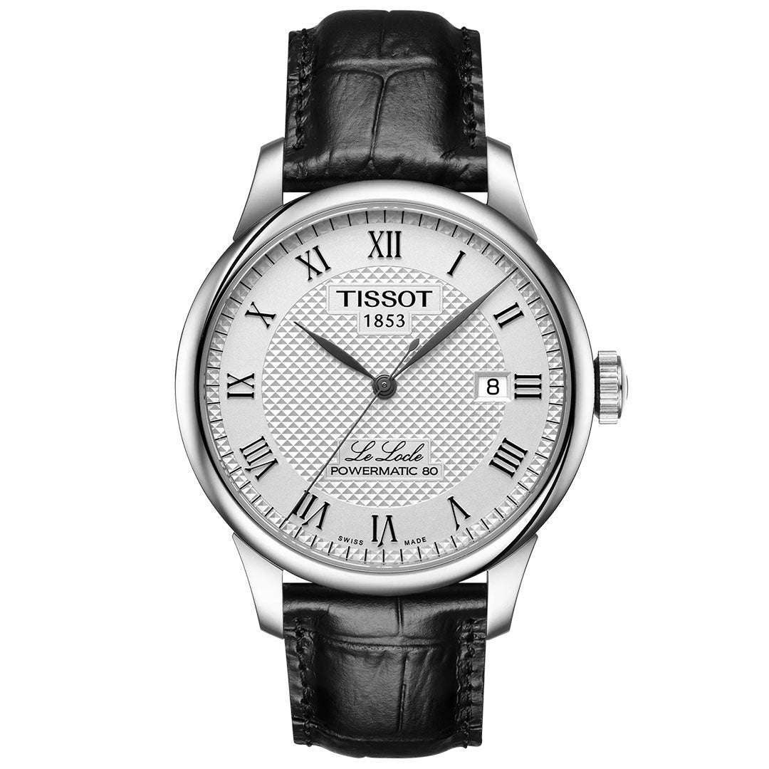 The Tissot Le Locle Powermatic 80 Automatic 39.3mm Watch features a white textured dial with black Roman numerals, date window at 3 o’clock, Swiss automatic movement, black leather strap, and scratch-resistant sapphire crystal.