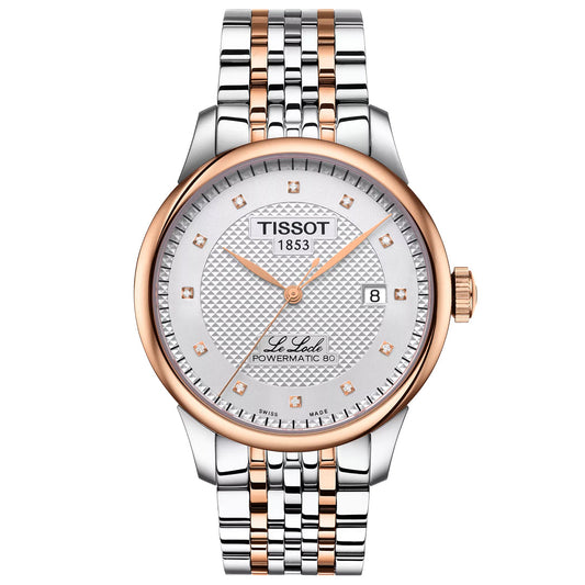 The Tissot Le Locle Powermatic 80 Automatic 39.3mm Watch features a silver and rose gold bracelet, silver textured dial with date display, and elegant rose gold bezel and hour markers for a classic, chic look.