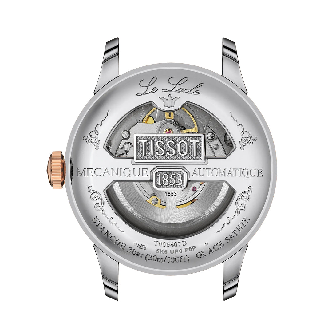 Back view of the Tissot Le Locle Powermatic 80 Automatic 39.3mm Watch, showcasing Swiss automatic movement, engraved details, rose gold crown, plus water resistance and sapphire glass—a classic blend of Tissot's precision and style.