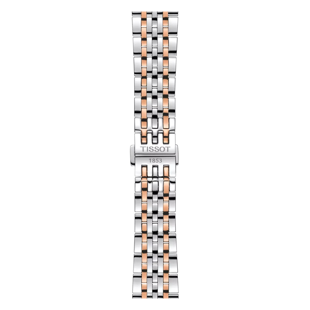 The Tissot Le Locle Powermatic 80 Automatic 39.3mm Watch features a two-tone stainless steel and rose gold bracelet with a "TISSOT 1853" clasp and interlocking polished links, shown from above on a white background for classic chic style.