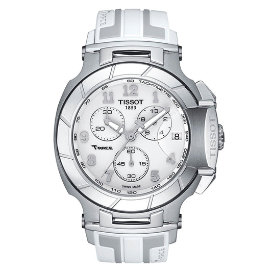 A Tissot T-Race Chronograph Quartz 50.26mm Watch in silver and white, featuring a tachymeter on the outer rim, three subdials, and a white strap. The brand name "TISSOT 1853" is clearly visible on the face.