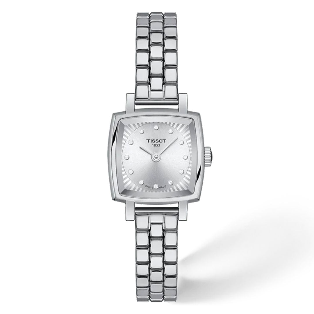 The Tissot Lovely Square Quartz 20mm x 20mm Watch by Tissot features a square silver case, a minimalist dial, and a linked stainless steel band with precise Swiss quartz movement, photographed against a white background.