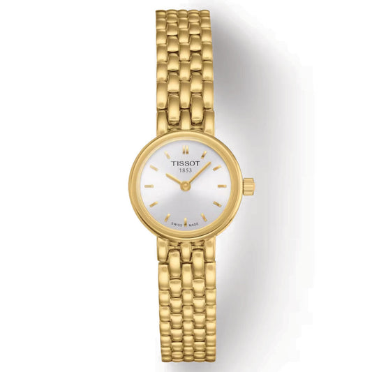 A mini-sized Tissot Lovely Quartz 19.5mm wristwatch with a round white face, adorned with gold hour markers and hands, features a gold link bracelet. The face displays the brand "Tissot 1853," along with "Swiss Made" at the bottom.