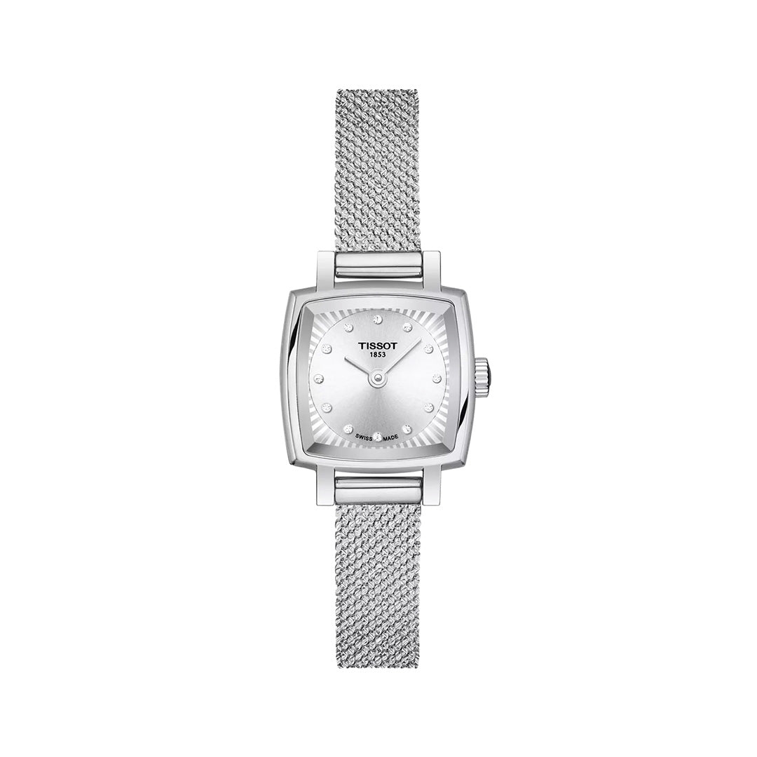 A Tissot Lovely Square Quartz 20mm x 20mm Watch by Tissot is displayed against a white background, featuring a silver-tone square face, minimalist dial, and mesh band. This Swiss Made timepiece exemplifies elegant simplicity and precise craftsmanship for timeless appeal.