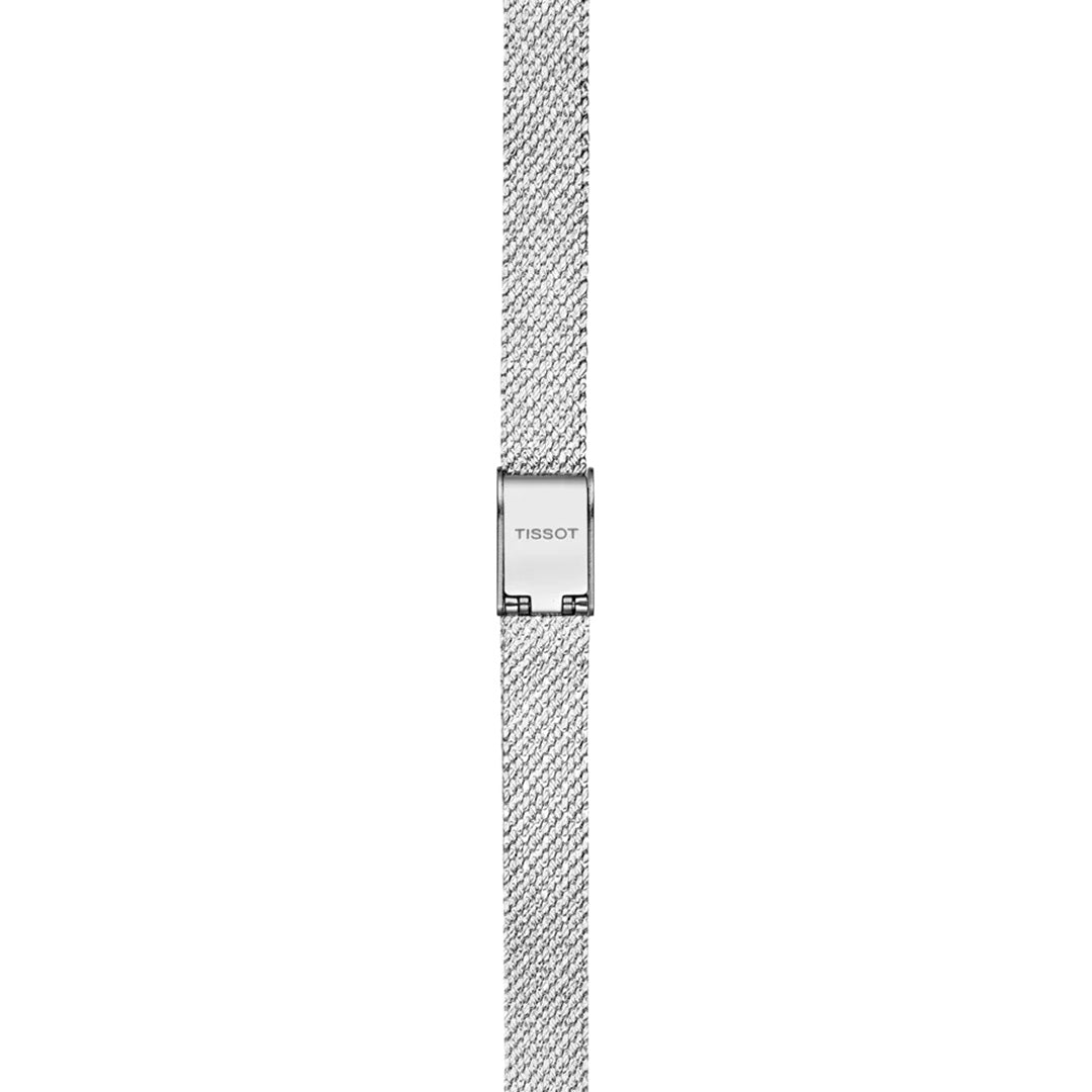 A close-up of a silver mesh watch band with a rectangular clasp engraved with “TISSOT” at the center. The band, designed for the elegant Tissot Lovely Square Quartz 20mm x 20mm Watch by Tissot, is vertically aligned against a white background.