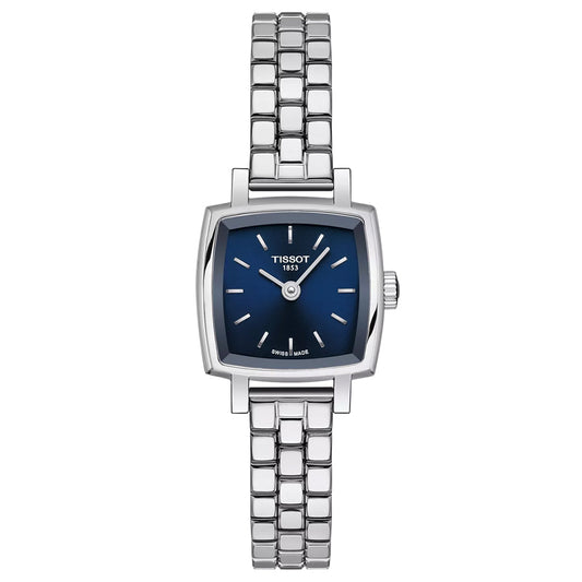 The Tissot Lovely Square Quartz 20mm X 20mm Watch features a silver metal link band, square blue dial with silver markers and hands, and scratch-resistant sapphire crystal—an elegant Tissot timepiece shown against a white background.