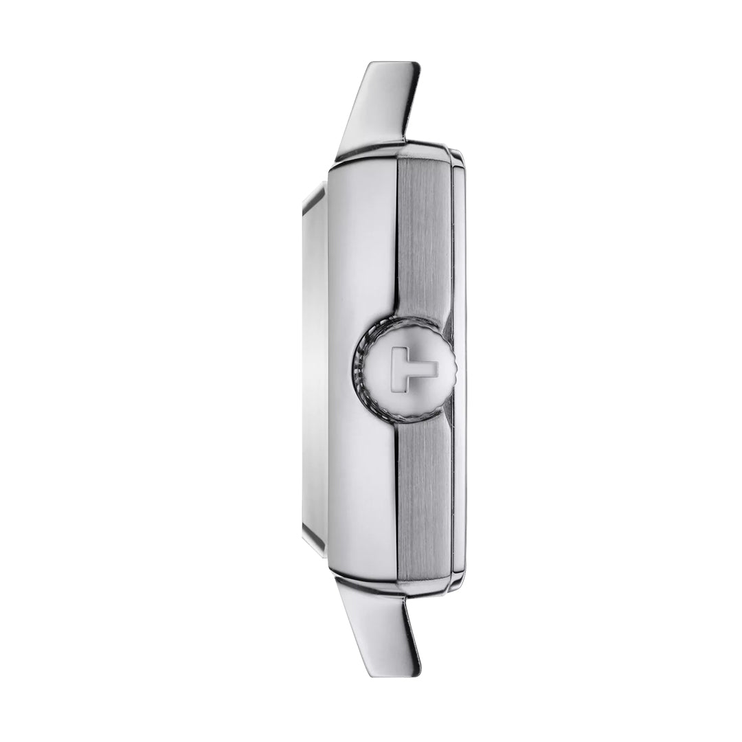 Side profile of the Tissot Lovely Square Quartz 20mm x 20mm watch, featuring a polished silver case, embossed T crown, two lugs, Swiss Quartz movement, and scratch-resistant sapphire crystal for timeless elegance.