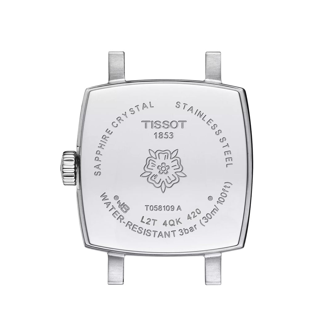 The back of the Tissot Lovely Square Quartz 20mm x 20mm Watch features "TISSOT 1853," a floral motif, and engravings like "Swiss Quartz movement," "Sapphire Crystal," and "Water-resistant 3 bar (30m/100ft).