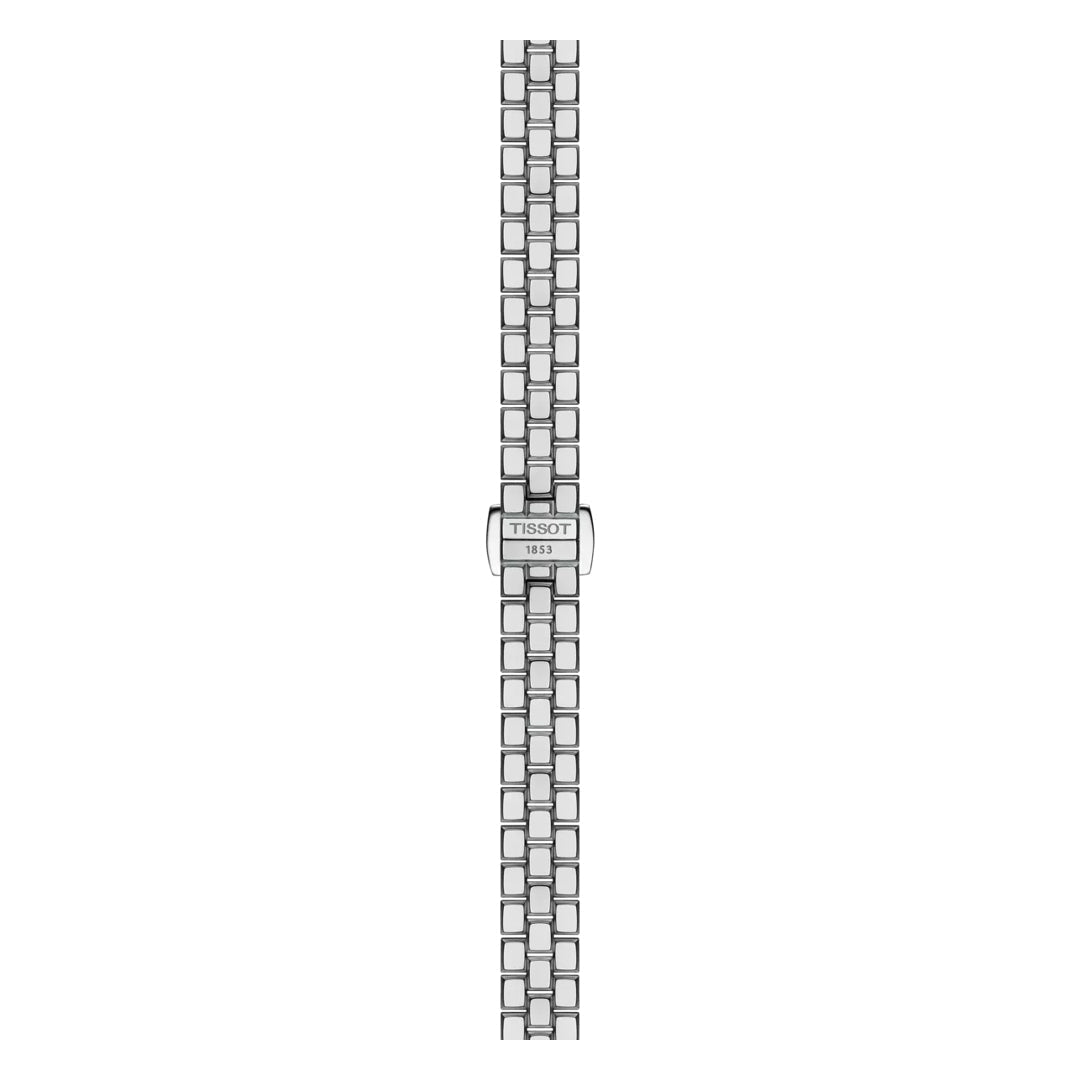 The Tissot Lovely Square Quartz 20mm x 20mm Watch features a stainless steel bracelet with rectangular links and a clasp engraved with the Tissot logo and 1853—an elegant Swiss Quartz timepiece displayed vertically on white.