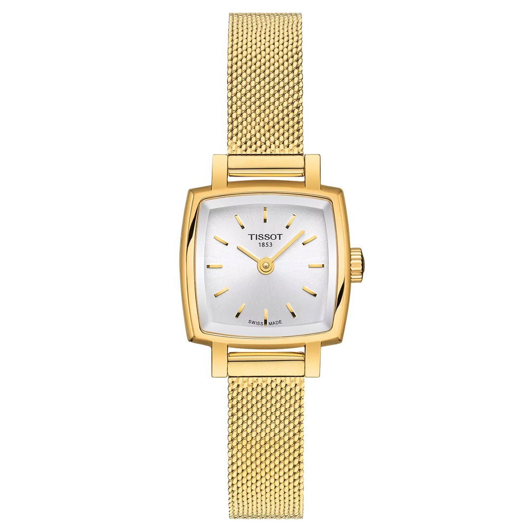 The Tissot Lovely Square Quartz 20 x 20mm Watch exudes timeless glamour with its square face, minimalist white dial, and elegant gold mesh band. Featuring hour and minute hands plus hour markers, it's perfect for those who appreciate the subtle elegance of ladies' watches.