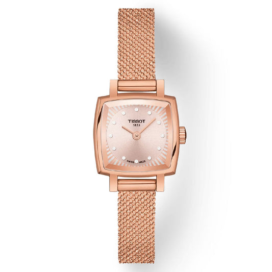 A Tissot Lovely Square Quartz 20mm watch in rose gold with a PVD mesh strap. The dial showcases small round hour markers and two hands, along with the brand name "Tissot" and the year "1853." This timepiece offers a minimalist and elegant design.