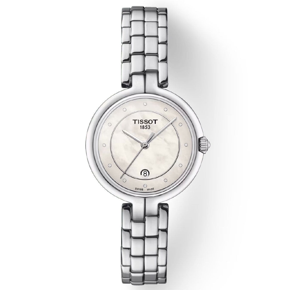 The Tissot Flamingo Quartz 30mm Watch boasts a silver 316L stainless steel bracelet and a round face with scratch-resistant sapphire crystal. Its pearl-colored dial includes minimalist dot hour markers, the "Tissot 1853" brand label, and a small date window positioned at six o'clock, all powered by Swiss Quartz Movement.