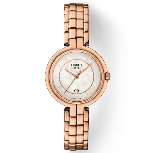 The Tissot Flamingo Quartz 30mm Watch for women boasts a rose gold design with a sapphire crystal and a round white dial. It features the Tissot logo, the year 1853, and minimal dot hour markers, all driven by a precise Swiss quartz movement. Elegantly, there is a small date window positioned at the 6 o'clock mark.