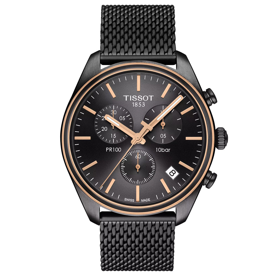 The Tissot PR100 Chronograph Quartz 41mm Watch features a black mesh strap, black dial, gold-tone indices and hands, Swiss quartz movement, three subdials, a date window at 4 o'clock, and a rose gold-accented bezel.
