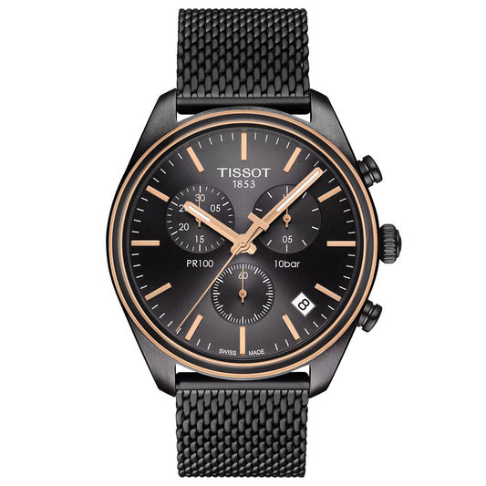 The Tissot PR100 Chronograph Quartz 41mm Watch features a black mesh strap, black dial, gold-tone indices and hands, Swiss quartz movement, three subdials, a date window at 4 o'clock, and a rose gold-accented bezel.