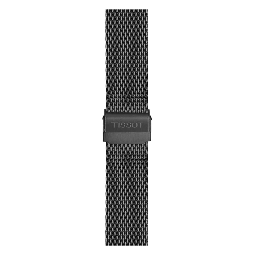 The Tissot PR100 Chronograph Quartz 41mm watch features a black strap with textured mesh and a central clasp displaying the Tissot logo, shown from above to highlight its sporty style and signature Swiss craftsmanship.