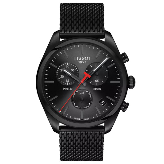 The Tissot PR 100 Chronograph Quartz 41mm Watch features a black mesh band, three subdials, white hour markers, red second hand, date at 4 o’clock, and “Tissot 1853” and "PR100 10 bar" on the dial. Swiss Quartz movement.
