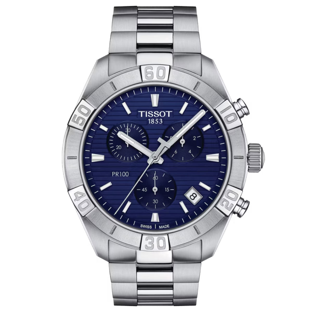 The Tissot PR 100 Sport Gent Chronograph Quartz 44mm Watch features a stainless steel band and casing, complemented by Swiss Quartz Movement. It showcases a blue dial with three subdials, a date window at the 4 o'clock position, and silver hour markers and hands, all protected by Sapphire Crystal.