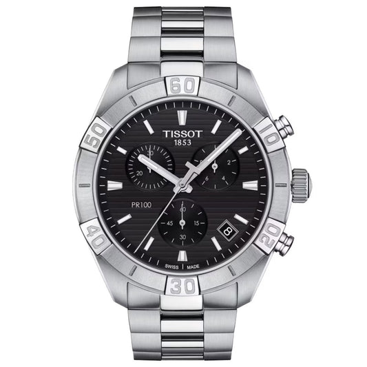 The Tissot PR 100 Sport Gent Chronograph Quartz 44mm Watch boasts a sleek silver design with a stainless steel band and a black dial. It includes three sub-dials, a date window, and silver hour markers, all under a scratch-resistant sapphire crystal. The Swiss quartz movement enhances the elegant and modern look of its numbered bezel.