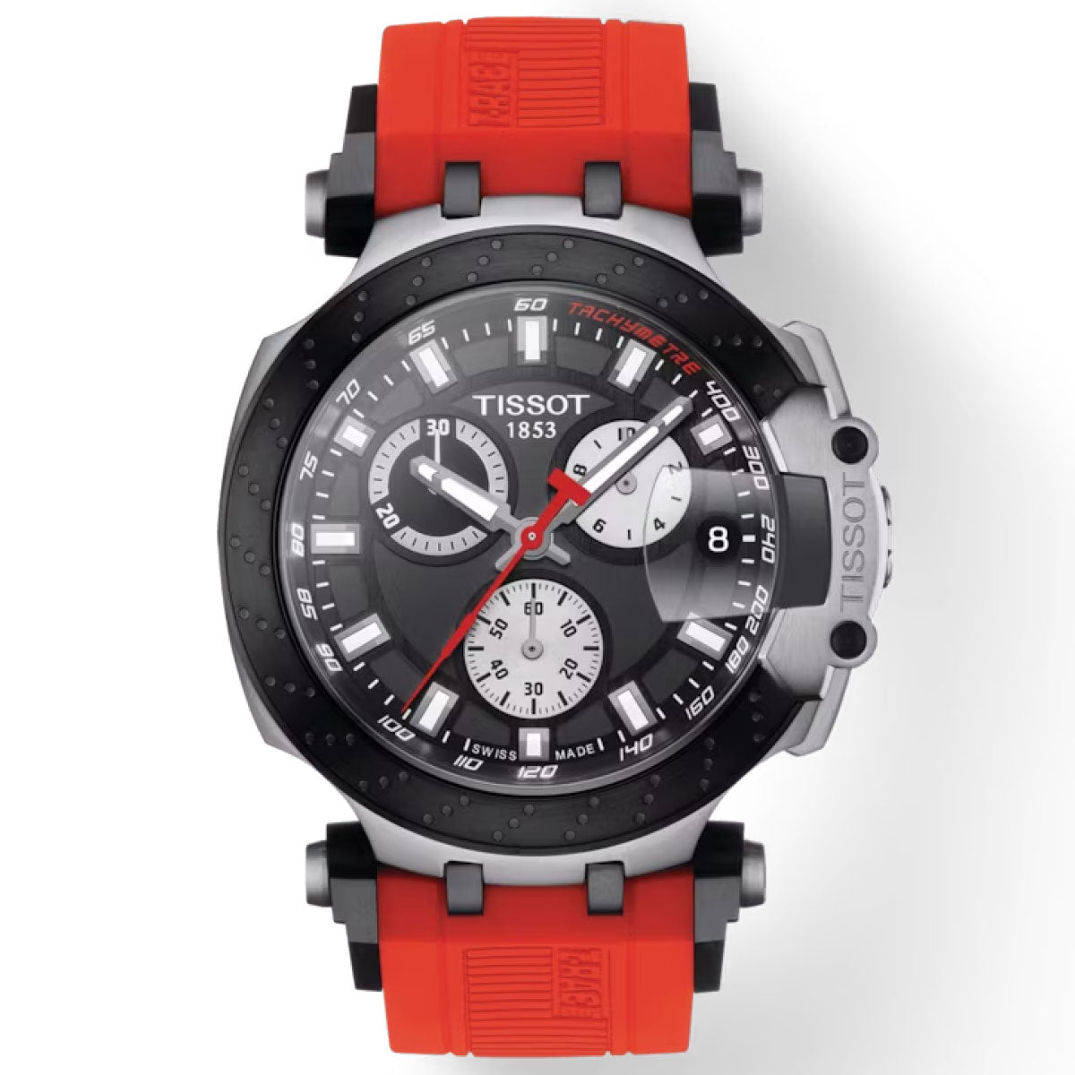 The Tissot T-Race Chronograph Quartz 43mm Watch captures a masculine sports chronograph style, showcasing a striking red and black band, a sleek round silver bezel, and an elegant black face. It boasts Swiss quartz movement, multiple chronograph dials, white numerals, and includes a date display positioned at three o'clock.