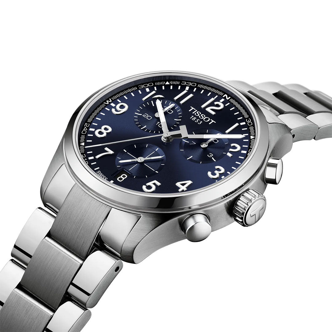 The Tissot CHRONO L Quartz 42mm Watch features a blue dial, three subdials, white numerals, luminous hands, and a stainless steel link bracelet—a stylish Swiss chronograph from Tissot.
