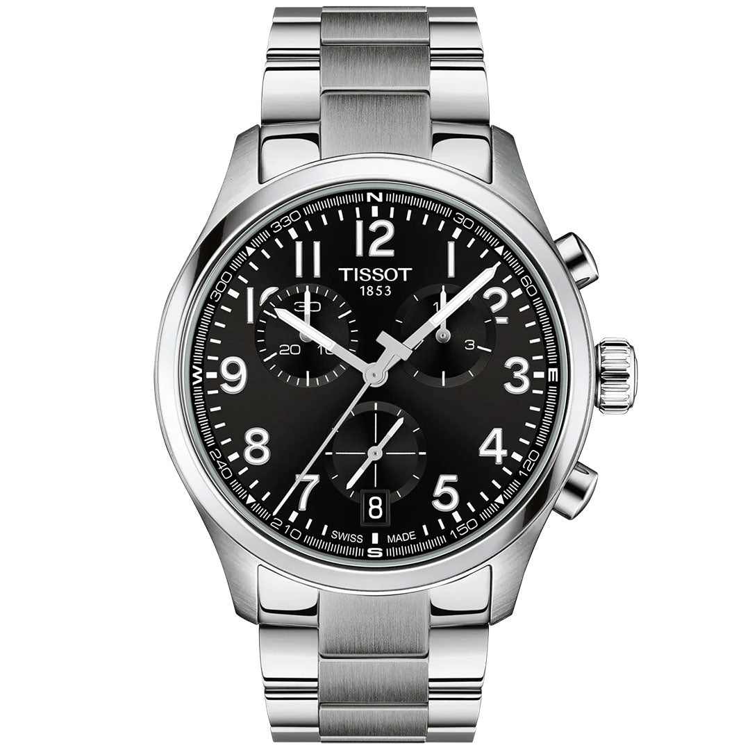 The Tissot CHRONO L Quartz 42mm Watch features a stainless steel case, black dial with three subdials, white numerals, silver hands, Swiss quartz movement, date window at 6 o'clock, and a metal link bracelet.
