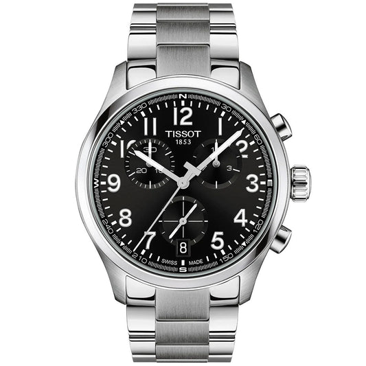 The Tissot CHRONO L Quartz 42mm Watch features a stainless steel case, black dial with three subdials, white numerals, silver hands, Swiss quartz movement, date window at 6 o'clock, and a metal link bracelet.