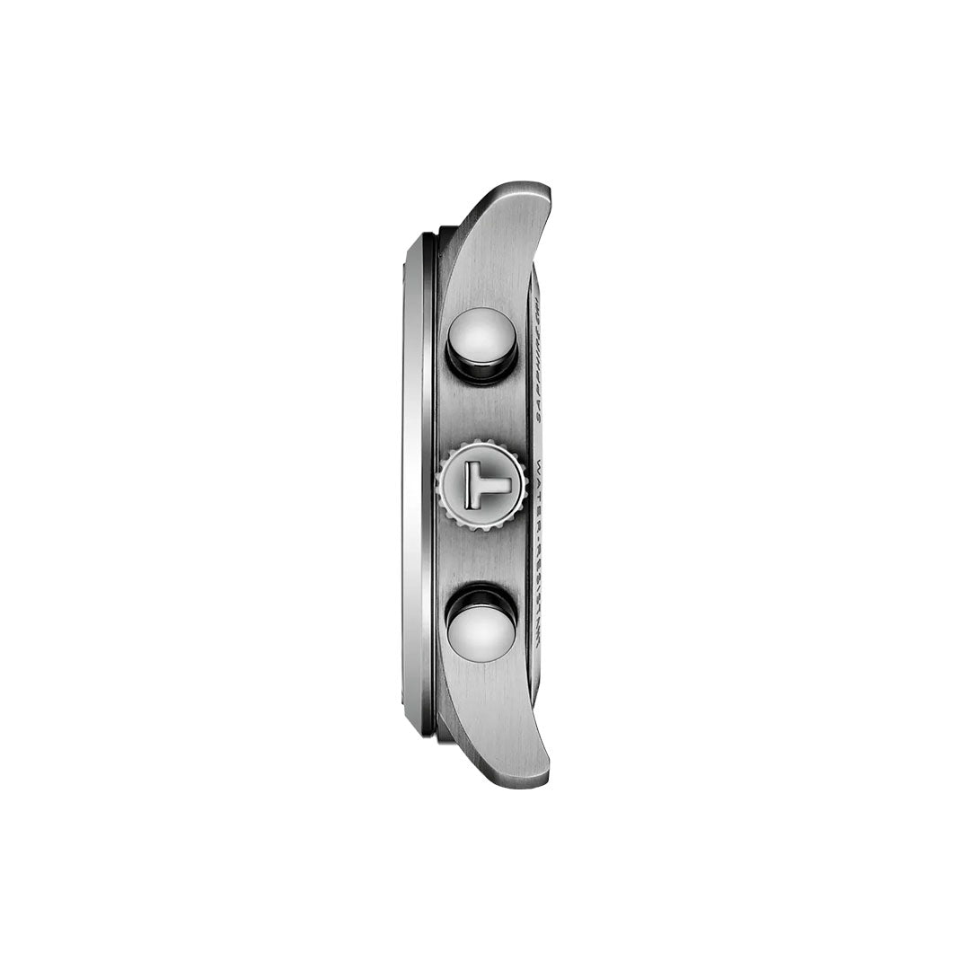 Side view of the Tissot CHRONO L Quartz 42mm Watch case, featuring two push buttons and a crown with a "T" logo, set against a white background. The watch face and strap are hidden, highlighting Swiss craftsmanship by Tissot.