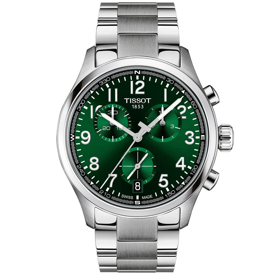 The Tissot CHRONO L Quartz 42mm Watch features a stainless steel case and bracelet, green dial with three subdials, silver hour markers and hands, date window at 6 o’clock, all showcasing Swiss technology.