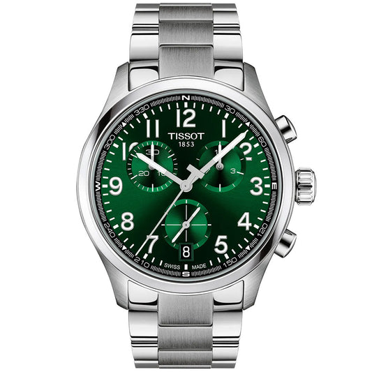 The Tissot CHRONO L Quartz 42mm Watch features a stainless steel case and bracelet, green dial with three subdials, silver hour markers and hands, date window at 6 o’clock, all showcasing Swiss technology.