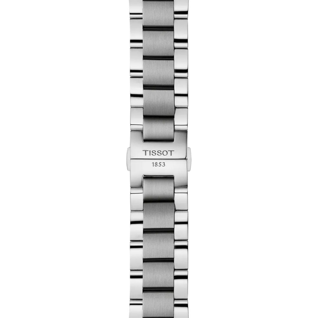 A close-up of the stainless steel bracelet on the Tissot CHRONO L Quartz 42mm Watch features a "TISSOT 1853" clasp and alternating brushed and polished links, highlighting Swiss craftsmanship and elegance.