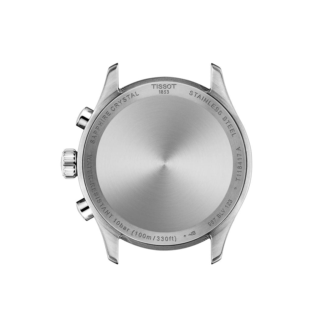 The back of the Tissot CHRONO L Quartz 42mm Watch displays engraved details such as the Tissot brand, model info, 10 bar (100m/330ft) water resistance, and sapphire crystal, all on a brushed stainless steel finish.