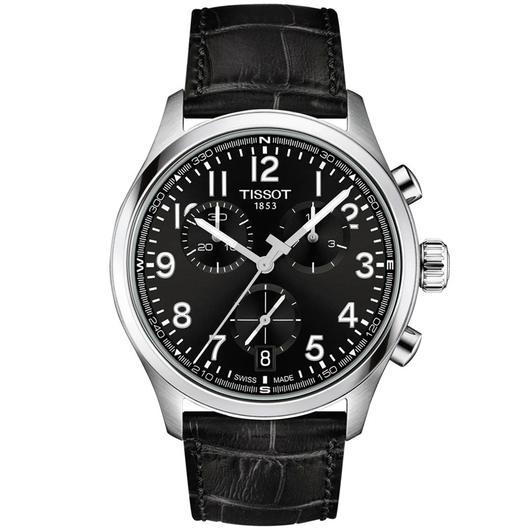 The Tissot CHRONO L Quartz 42mm Watch for men features Swiss quartz movement, a black dial with white numerals, three subdials, a date window at 4 o’clock, stainless steel case, and a black crocodile-pattern leather strap.
