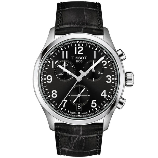The Tissot CHRONO L Quartz 42mm Watch for men features Swiss quartz movement, a black dial with white numerals, three subdials, a date window at 4 o’clock, stainless steel case, and a black crocodile-pattern leather strap.