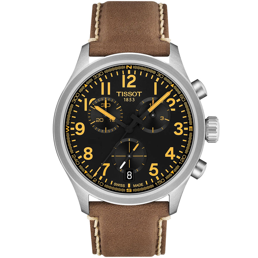 The Tissot CHRONO L Quartz 42mm Watch features a brown leather strap, black dial with yellow numerals and hands, three sub-dials, date above 6 o'clock, a silver case with two pushers and crown—exemplifying Swiss craftsmanship.
