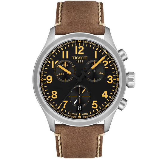 The Tissot CHRONO L Quartz 42mm Watch features a brown leather strap, black dial with yellow numerals and hands, three sub-dials, date above 6 o'clock, a silver case with two pushers and crown—exemplifying Swiss craftsmanship.