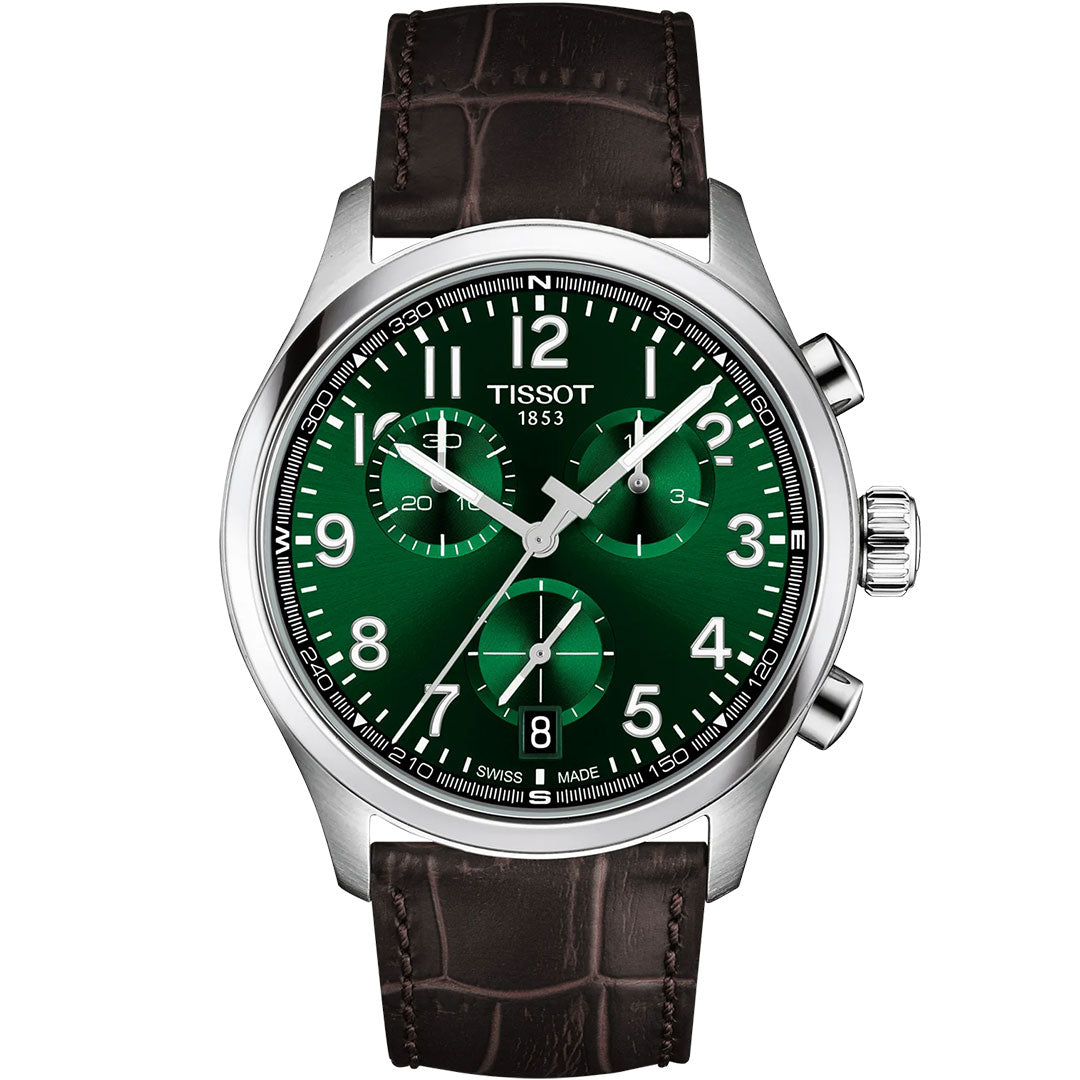 The Tissot CHRONO L Quartz 42mm Watch features a green dial with white numerals, three subdials, Swiss technology, a date window at 6 o’clock, and a brown crocodile-pattern leather strap.