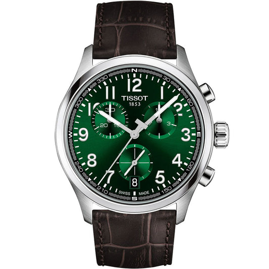 The Tissot CHRONO L Quartz 42mm Watch features a green dial with white numerals, three subdials, Swiss technology, a date window at 6 o’clock, and a brown crocodile-pattern leather strap.