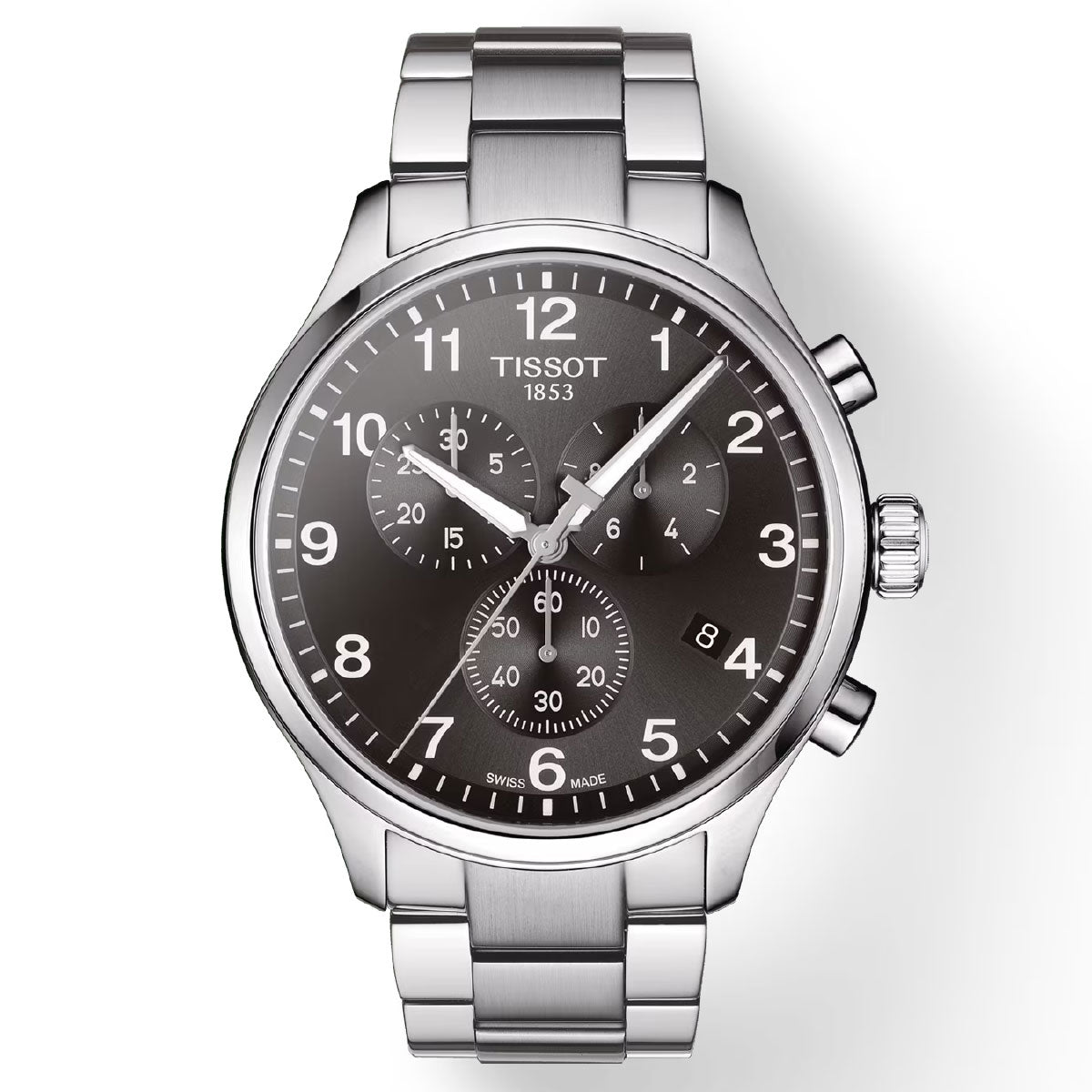 The Tissot Chrono XL Classic Quartz 45mm Watch by Tissot features a chronograph design with a stainless steel band and an elegant black dial, highlighting the precision of Swiss Quartz Movement. It includes three sub-dials, silver hour markers, and luminescent hands, with the crown and pushers conveniently located on the right side.