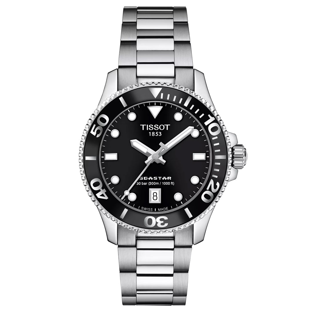 The Tissot Seastar 1000 Quartz 36mm Watch by Tissot features a stainless steel case, silver metal band, black dial with white hour markers, date at 6 o’clock, rotating bezel, and is water-resistant to 30 bar (300 meters).