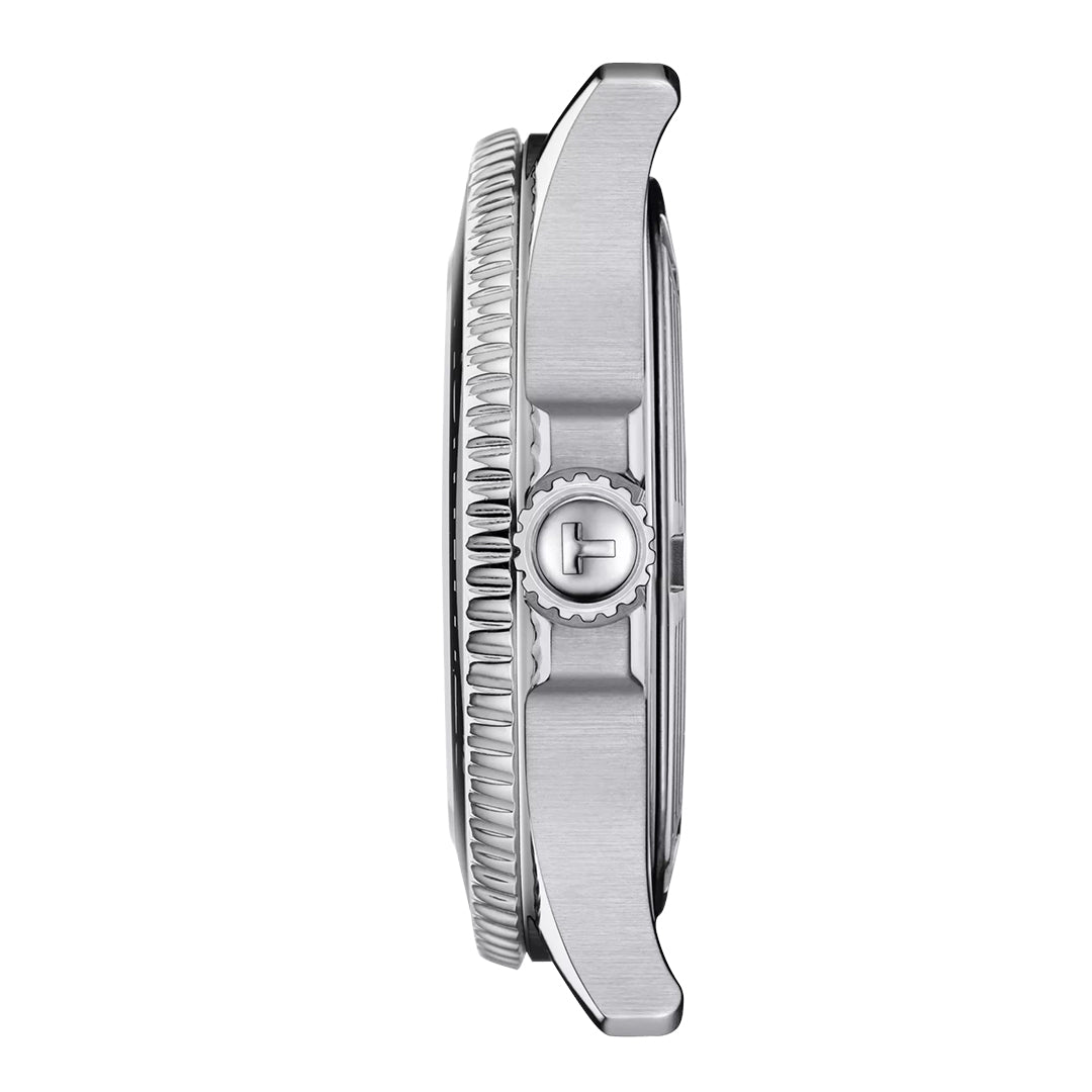 Side view of the Tissot Seastar 1000 Quartz 36mm Watch, showcasing its stainless steel case, textured bezel, engraved crown, brushed finish, modern design, and impressive 30 bar water resistance.