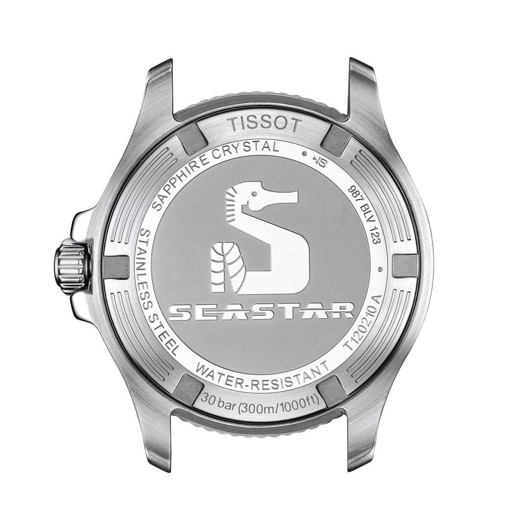 The back case of the Tissot Seastar 1000 Quartz 36mm Watch displays the seahorse logo, Tissot brand name, stainless steel case, sapphire crystal, water resistance to 30 bar (300m/1000ft), and model number T120210A.