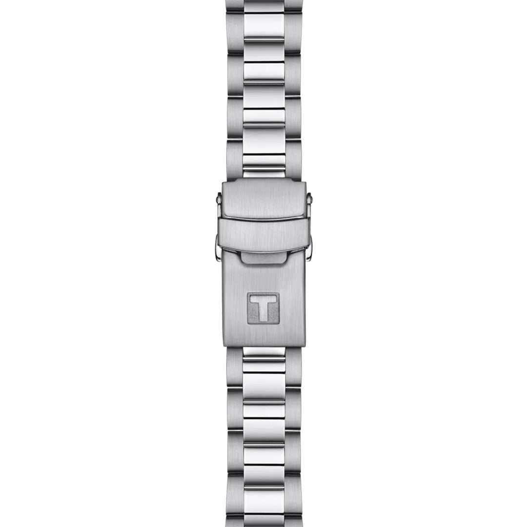 The Tissot Seastar 1000 Quartz 36mm Watch features a stainless steel bracelet with brushed rectangular links, a fold-over clasp, and a bold engraved "T" logo—ideal for matching its sleek stainless steel case.