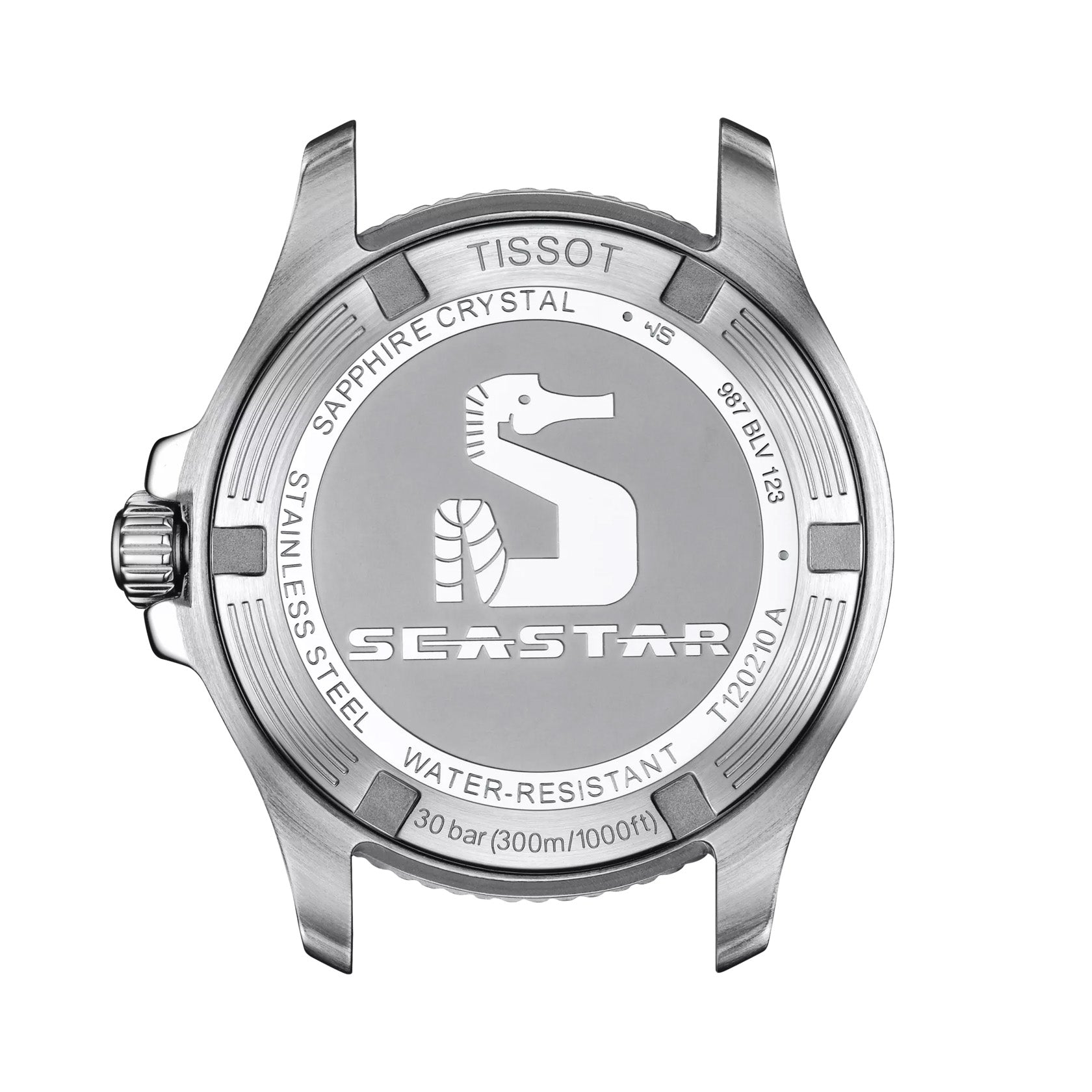 Close-up of the Tissot Seastar 1000 Quartz 36mm Watch back. It features "Sapphire Crystal," "316L Stainless Steel," and an impressive water resistance of 30 bar (300m/1000ft). The back showcases a seahorse logo in the center and includes the model number T120210A.