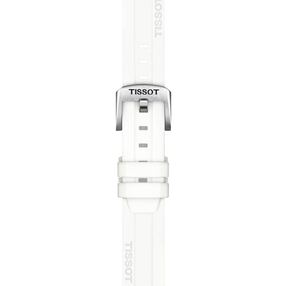 A 316L stainless steel white watch strap featuring a silver buckle with "Tissot" branding. Designed for Tissot Seastar 1000 Quartz 36mm models, it includes multiple holes for adjustable fitting and two loops to secure the end, enhancing water resistance.