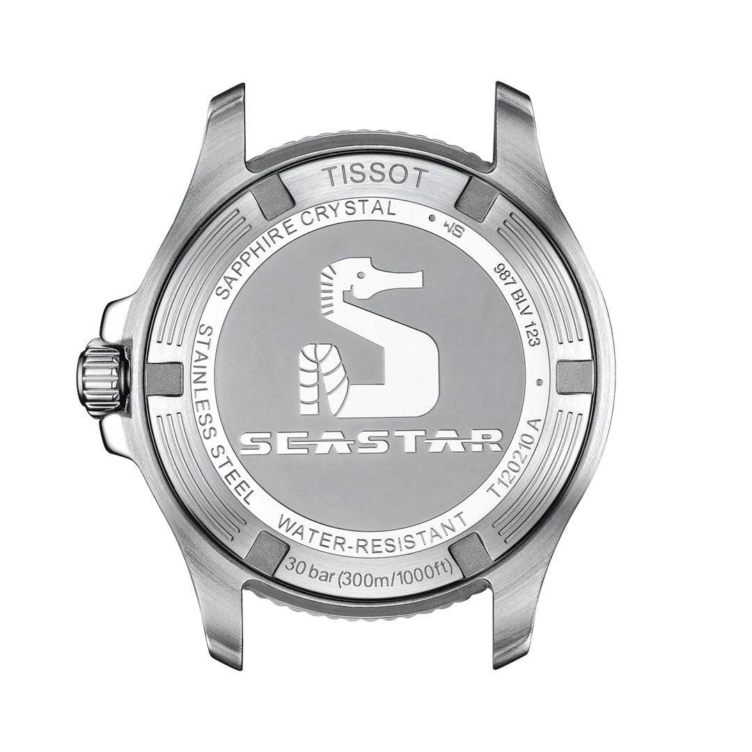 The back of the Tissot Seastar 1000 Quartz 36mm Watch displays the seahorse logo, engraved brand and model details, Swiss Quartz movement, scratch-resistant sapphire crystal, and 30 bar water resistance.