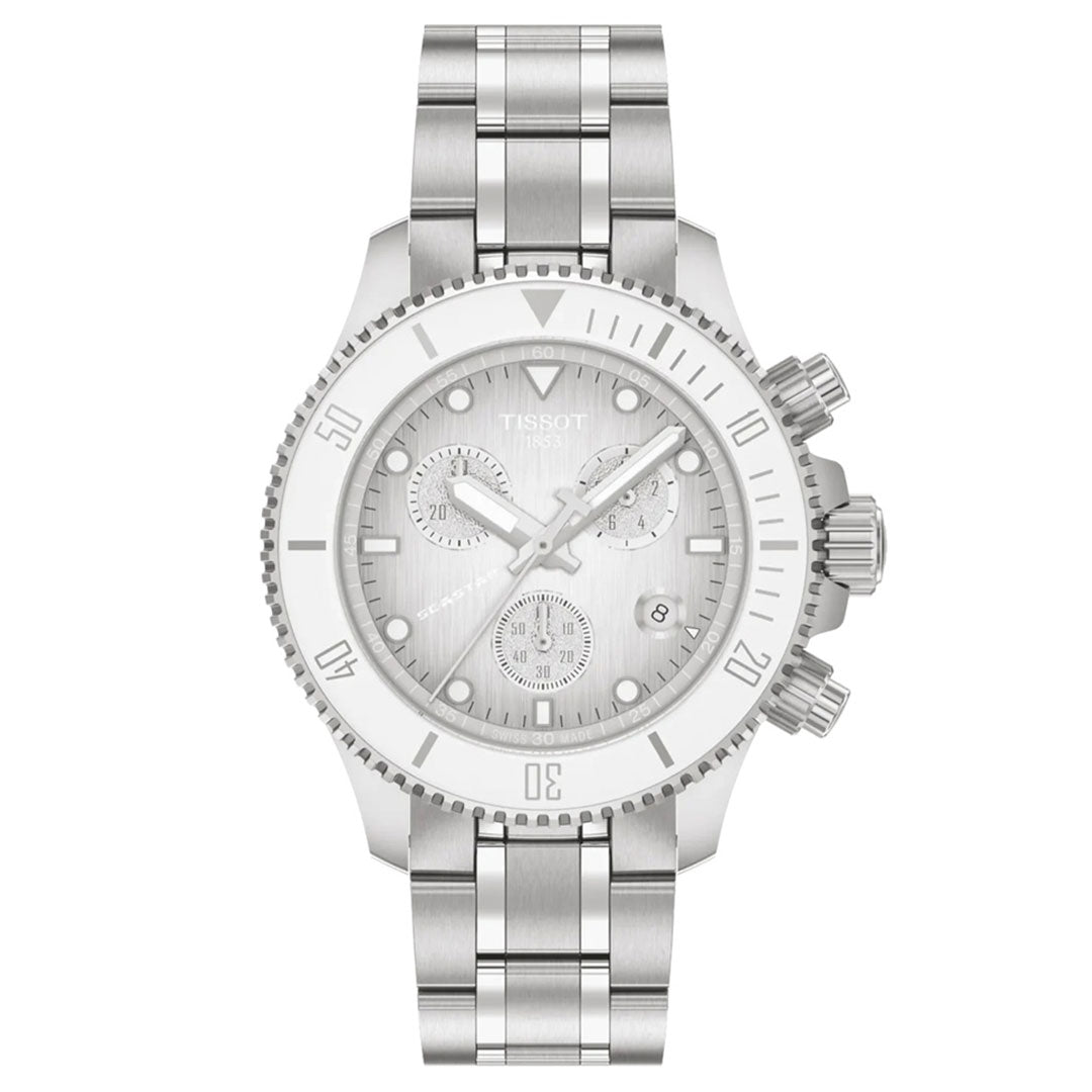 Displayed against a white background, the Tissot Seastar 1000 Quartz 38mm Watch showcases a stainless-steel case, three subdials, a rotating bezel, and a metal link bracelet. Crafted by Tissot, this elegant timepiece features a precise Swiss quartz chronograph movement.